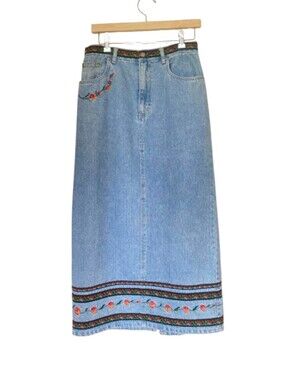 Vtg bill blass Light Blue Embroidered Denim Long Midi Boho festival Skirt Sz 8